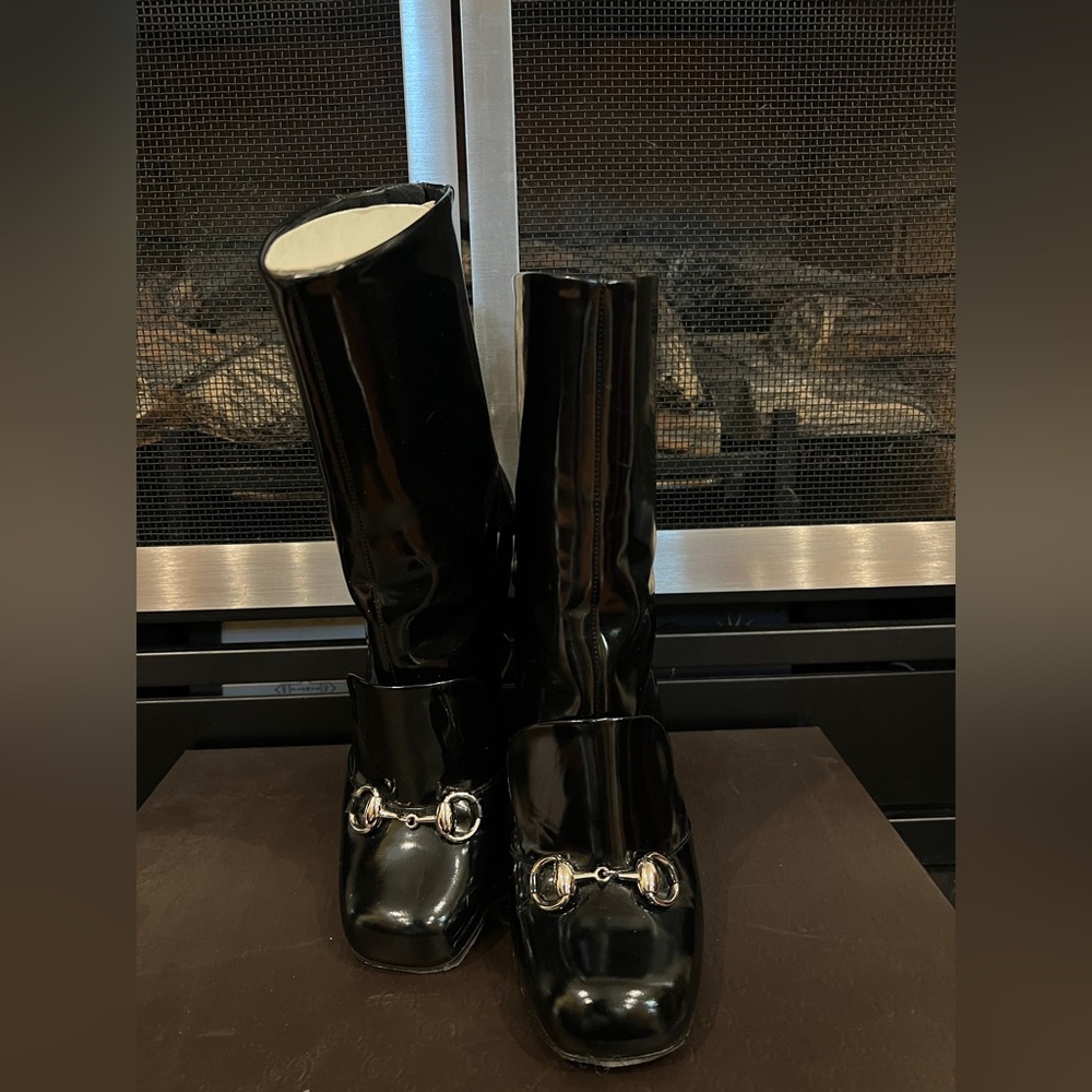 Gucci Black Patent Leather Ankle Boots with Silver Accents